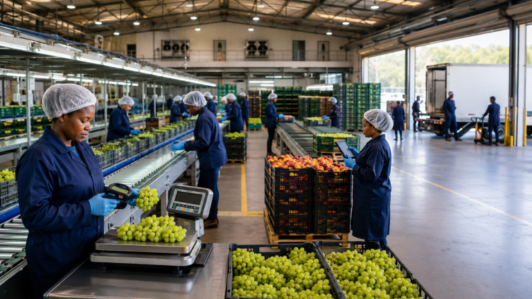 Workers sorting and packing fresh produce on a packhouse line