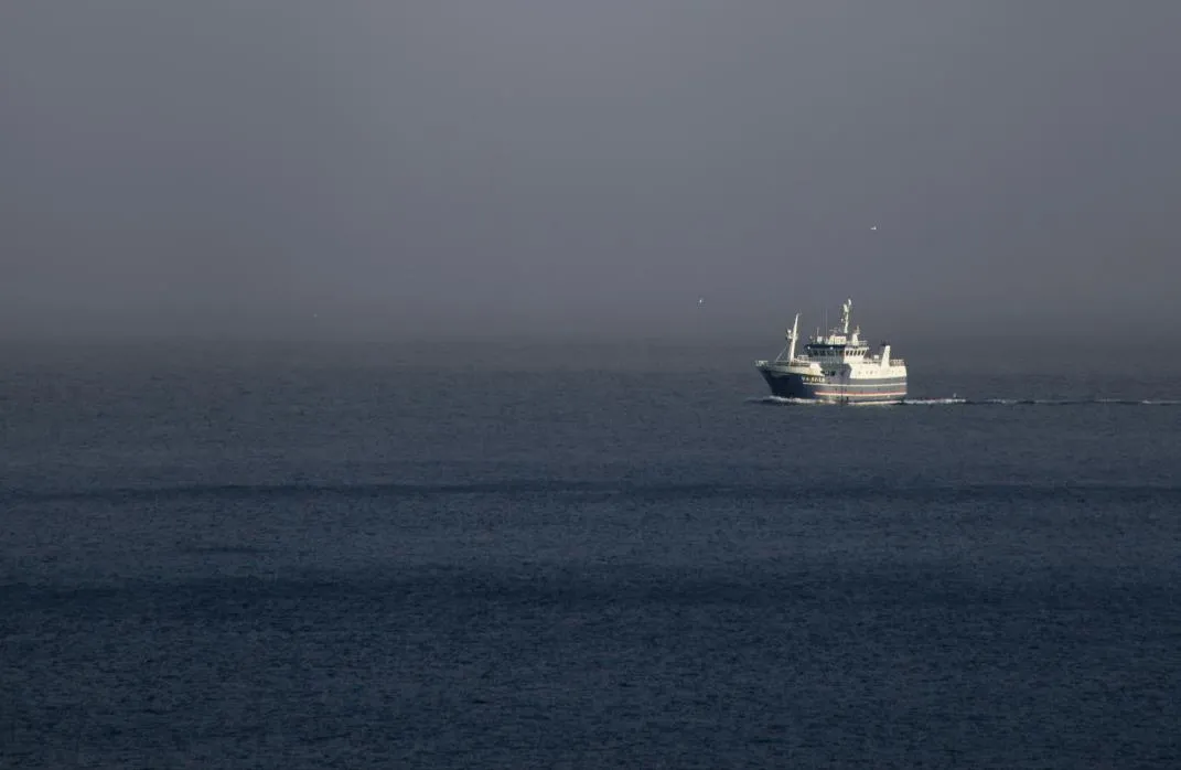 Cargo ship at sea under a grey sky